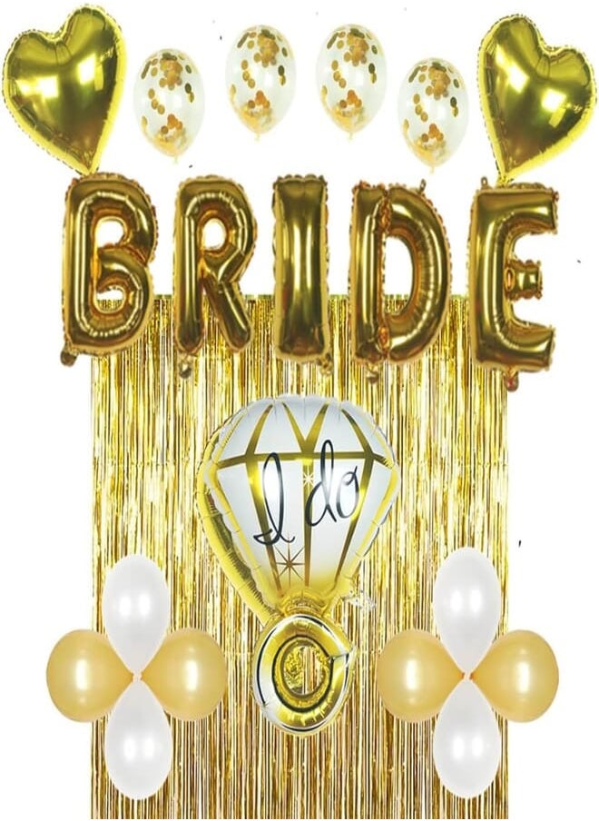 ZAGGIE - Bridal Shower Bachelorette Party Decorations Kit Gold – Set Includes 1 Fringe Curtain, 1 Set of Foil Bride Balloons, 1 Ring Balloon, 2 Heart Balloons, 4 Confetti Balloons, 4 Gold, 4 White Balloons - Image 1