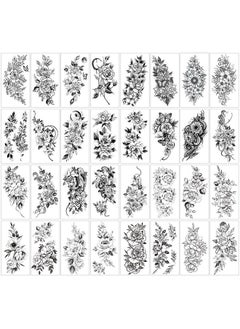 32pcs Black Rose Flower Temporary Tattoo Sticker For Women,Multiple Floral Pattern Designs(7.5X3.8 inch)
