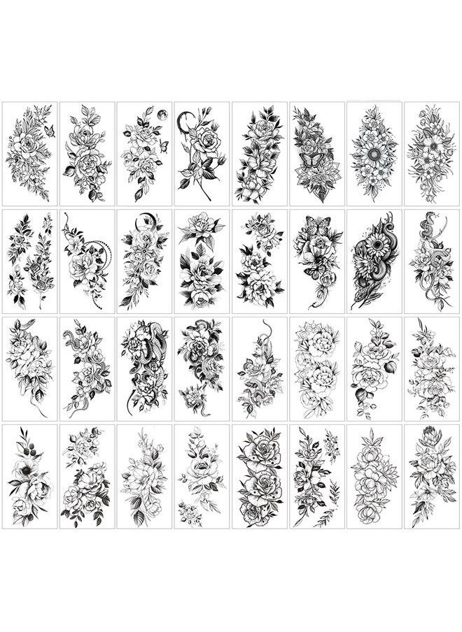 Anrituo - 32pcs Black Rose Flower Temporary Tattoo Sticker For Women,Multiple Floral Pattern Designs(7.5X3.8 inch) - Image 1