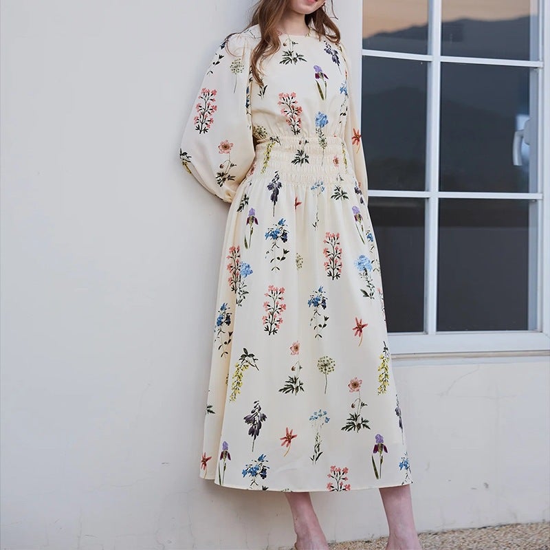 2026 Autumn Women's Vintage V-Neck Long Sleeve Floral Print A-Line Dress - Image 4