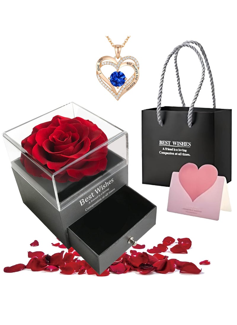 Adando Adando Eternal Rose with Gift Box Cute Eternal Red Rose Set with I Love You Necklace Handmade Preserved Rose Jewelry Box for Mom/Wife/Girlfriend A Romantic Gift for Her  - Image 1