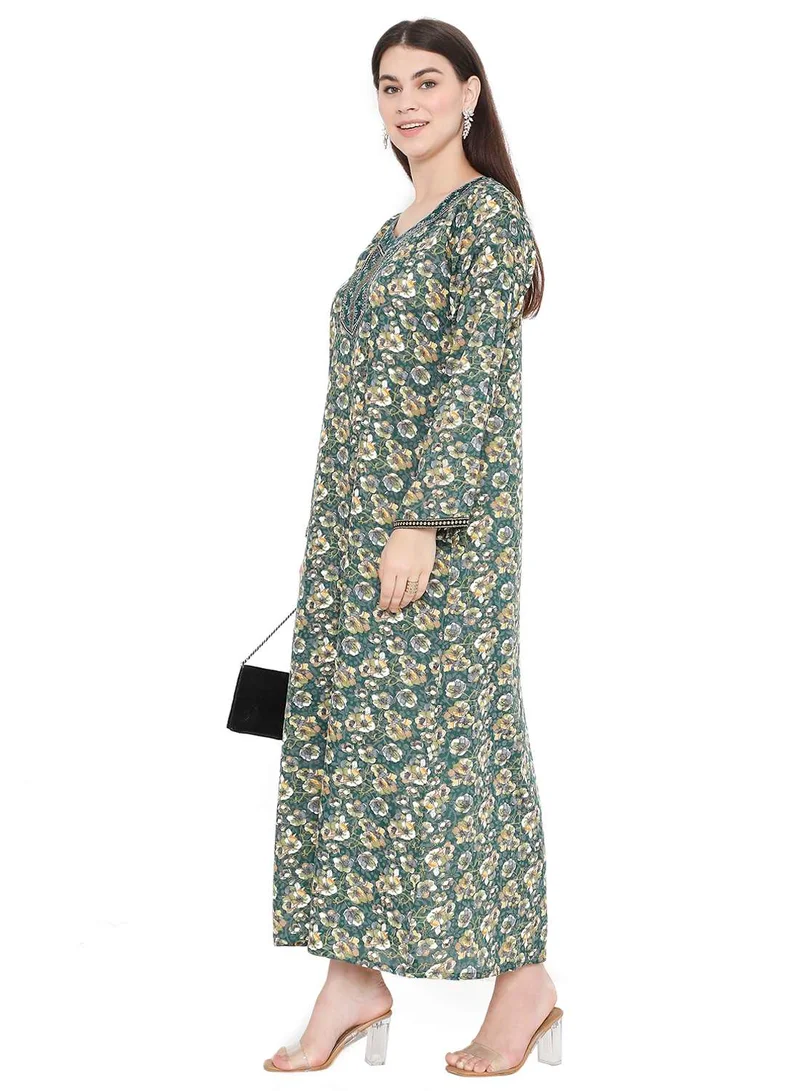 HANA & SARA UNIQUE FLORAL PRINTED WITH EMBROIDERY ARABIC KAFTAN JALABIYA DRESSES