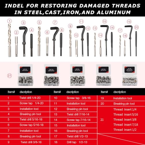 AKM طقم إصلاح الخيوط AKM 338 قطعة، طقم إصلاح هليكويل HSS، SAE وميتر، 1/4" 5/16" 3/8" 7/16" 1/2" M5 M6 M8 M10 M12 مع مقياس الخيوط - Image 3