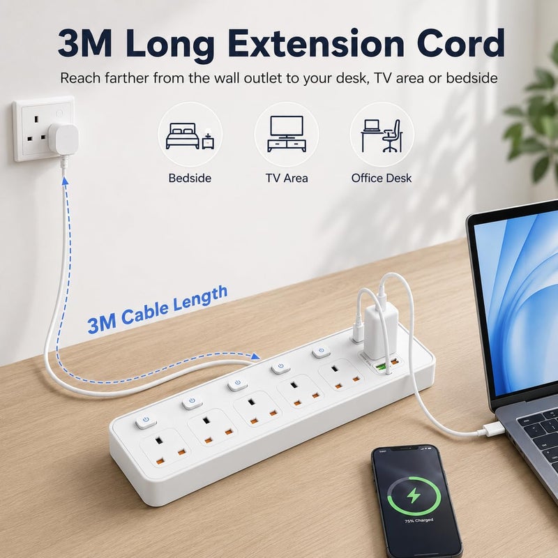  قورق الصحراء مقبس تمديد بطول 3 أمتار مع منفذ USB-C PD بقدرة 30 واط، ومقبس تمديد بريطاني بخمسة منافذ، و5 مقابس و6 منافذ USB، ومفاتيح فردية، 13 أمبير 3250 واط، قابل للتثبيت على الحائط، أبيض - Image 4