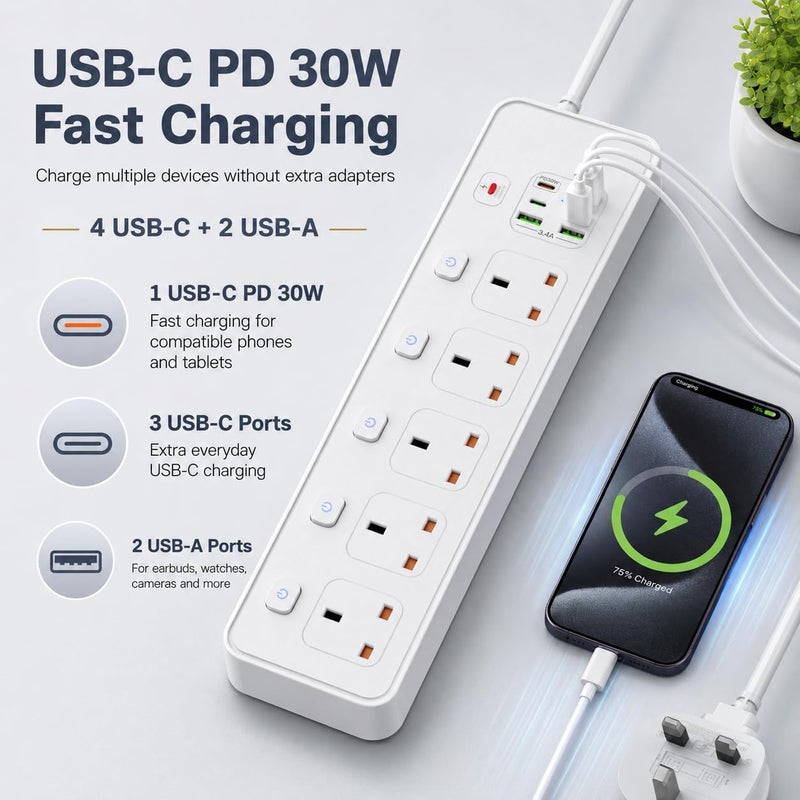  قورق الصحراء مقبس تمديد بطول 3 أمتار مع منفذ USB-C PD بقدرة 30 واط، ومقبس تمديد بريطاني بخمسة منافذ، و5 مقابس و6 منافذ USB، ومفاتيح فردية، 13 أمبير 3250 واط، قابل للتثبيت على الحائط، أبيض - Image 3