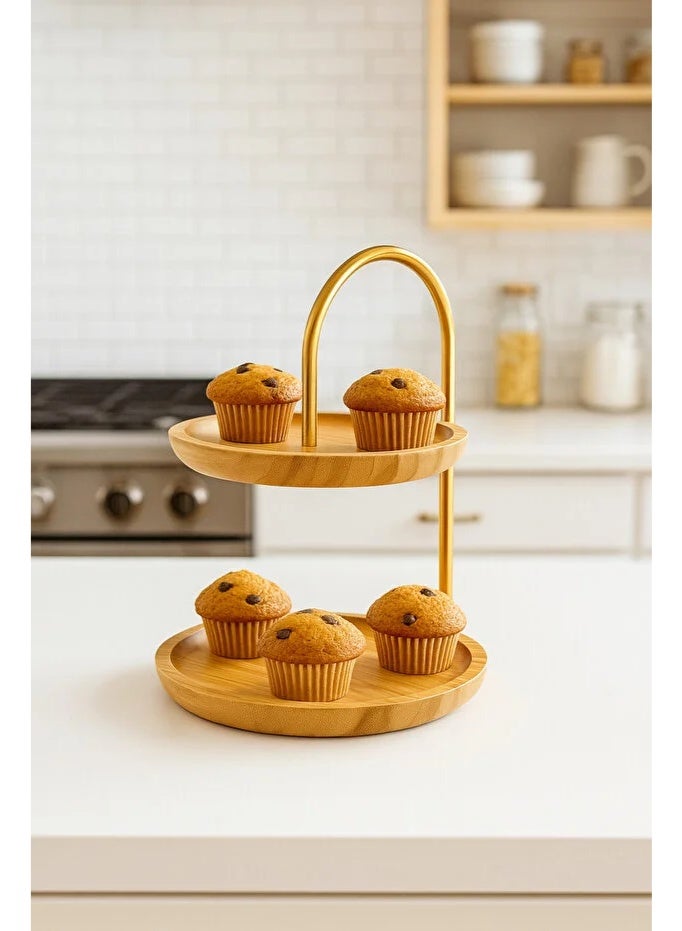 BARIQ.HOMES 2-Tier Bamboo Dessert & Cupcake Stand Holder with Gold Metal Arc Handle - Image 4