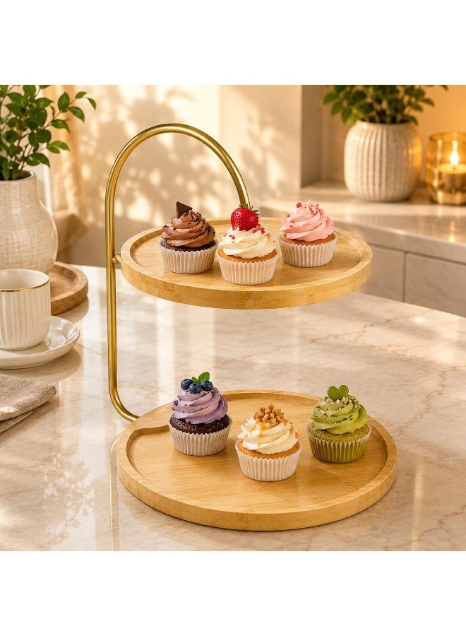 BARIQ.HOMES 2-Tier Bamboo Dessert & Cupcake Stand Holder with Gold Metal Arc Handle - Image 5