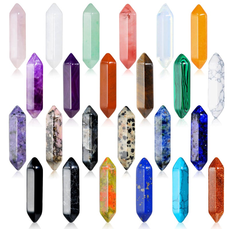 Modacraft 24Pcs Healing Crystals Stones Sets Hexagonal Bullet Shaped Reiki Meditation Gemstone Chakra Stones Tiger Eye Obsidian Quartz Crystals Gemstone Wand Set Pendants with Storage Box 