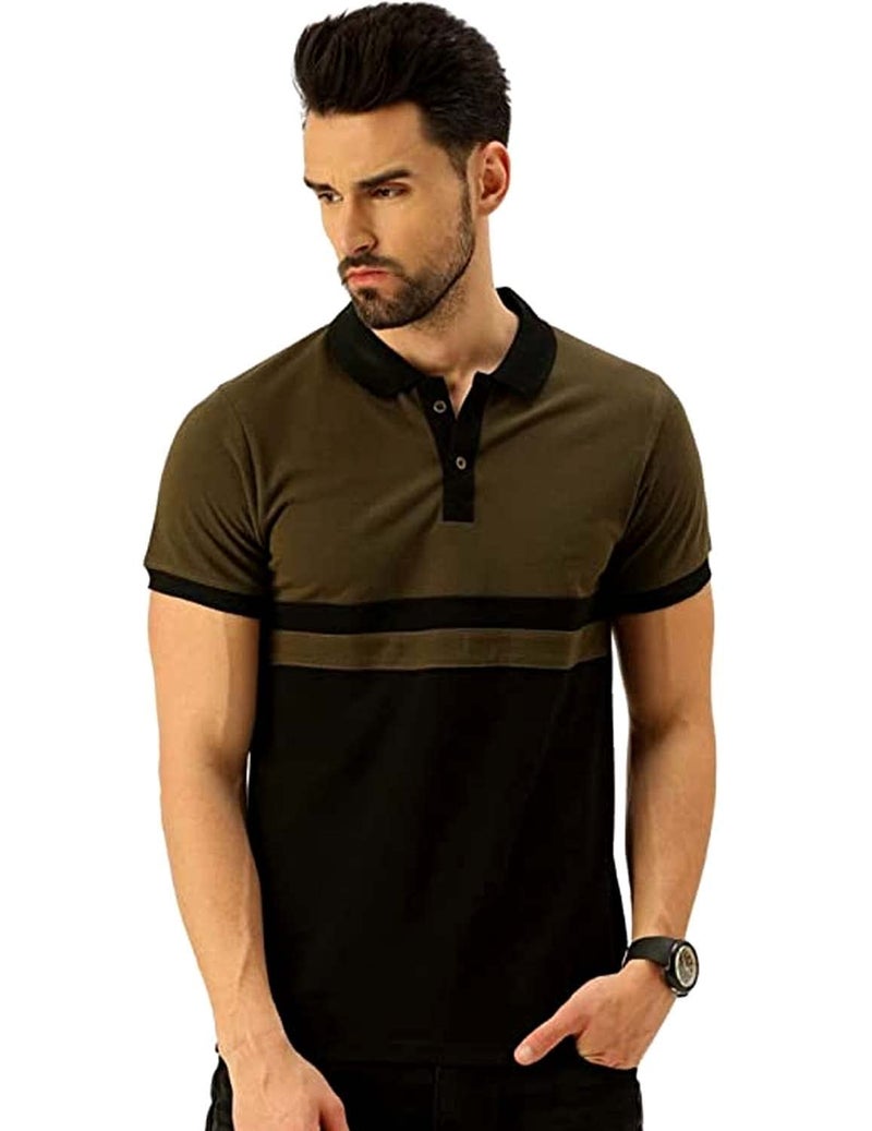 Veirdo® 100% Cotton Half Sleeves Regular Fit Black & Olive Colorblock Polo T-Shirt for Men (P-22_BLK_Olive) - Image 1