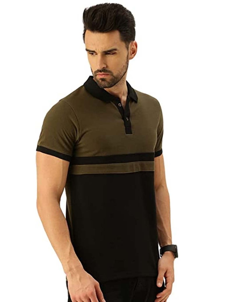Veirdo® 100% Cotton Half Sleeves Regular Fit Black & Olive Colorblock Polo T-Shirt for Men (P-22_BLK_Olive) - Image 3