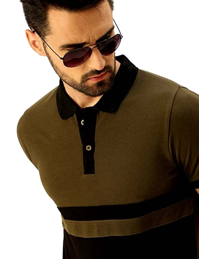 Veirdo® 100% Cotton Half Sleeves Regular Fit Black & Olive Colorblock Polo T-Shirt for Men (P-22_BLK_Olive) - Image 5