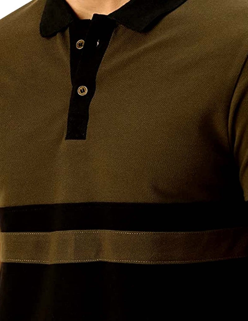 Veirdo® 100% Cotton Half Sleeves Regular Fit Black & Olive Colorblock Polo T-Shirt for Men (P-22_BLK_Olive) - Image 4