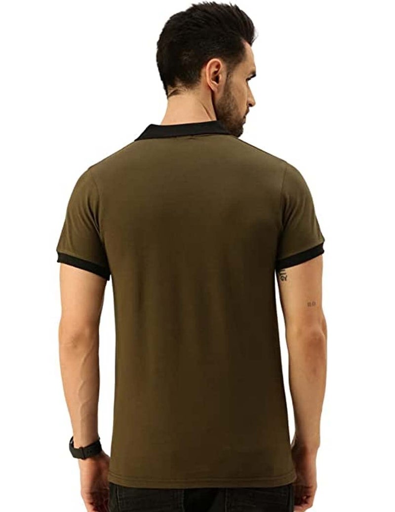 Veirdo® 100% Cotton Half Sleeves Regular Fit Black & Olive Colorblock Polo T-Shirt for Men (P-22_BLK_Olive) - Image 2
