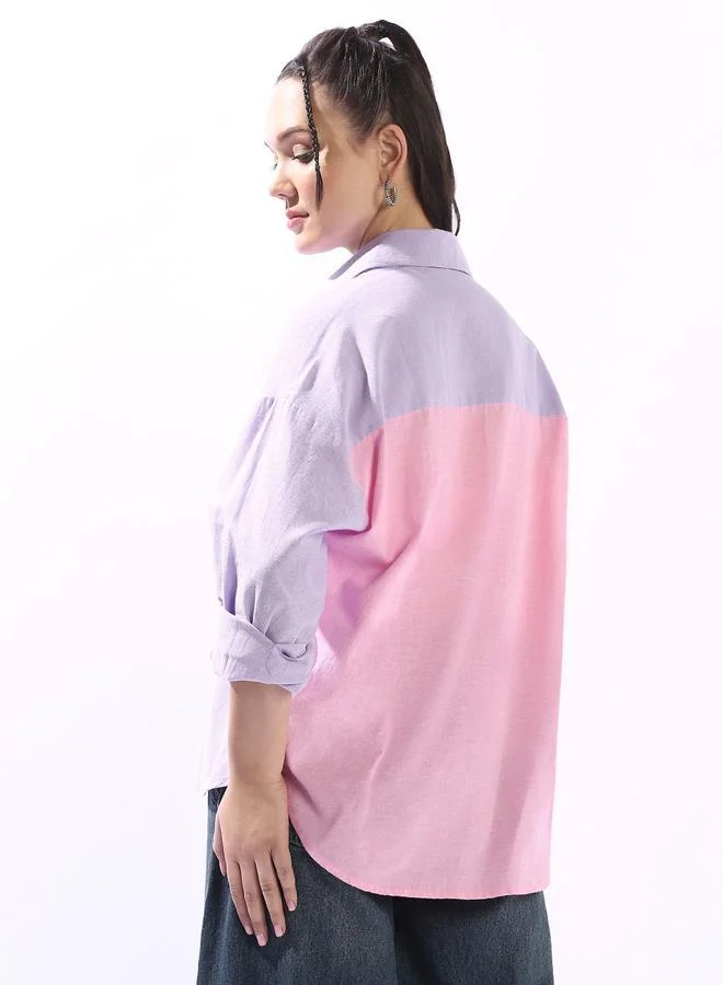 Hubberholme multicolour Women's Multicolour 100% Cotton Colour Blocked Button Down Oversized Shirt for Women | Best Price UAE