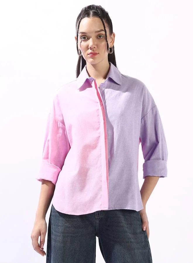 Hubberholme multicolour Women's Multicolour 100% Cotton Colour Blocked Button Down Oversized Shirt for Women | Best Price UAE