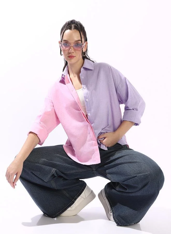 Hubberholme Women's Multicolour 100% Cotton Colour Blocked Button Down Oversized Shirt