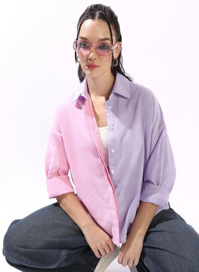 Hubberholme multicolour Women's Multicolour 100% Cotton Colour Blocked Button Down Oversized Shirt for Women | Best Price UAE