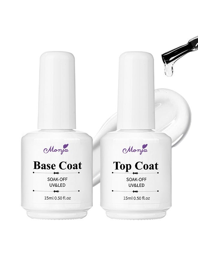 مونچا مجموعة طلاء أساسي وطبقة علوية، طلاء جل UV مع ليد، لمعة نهائية لامعة، طلاء جل طويل الأمد، مجموعة البداية لفن الأظافر، للعناية بالأظافر في الصالون أو استخدام DIY في المنزل، 15 مل+15 مل - Image 1
