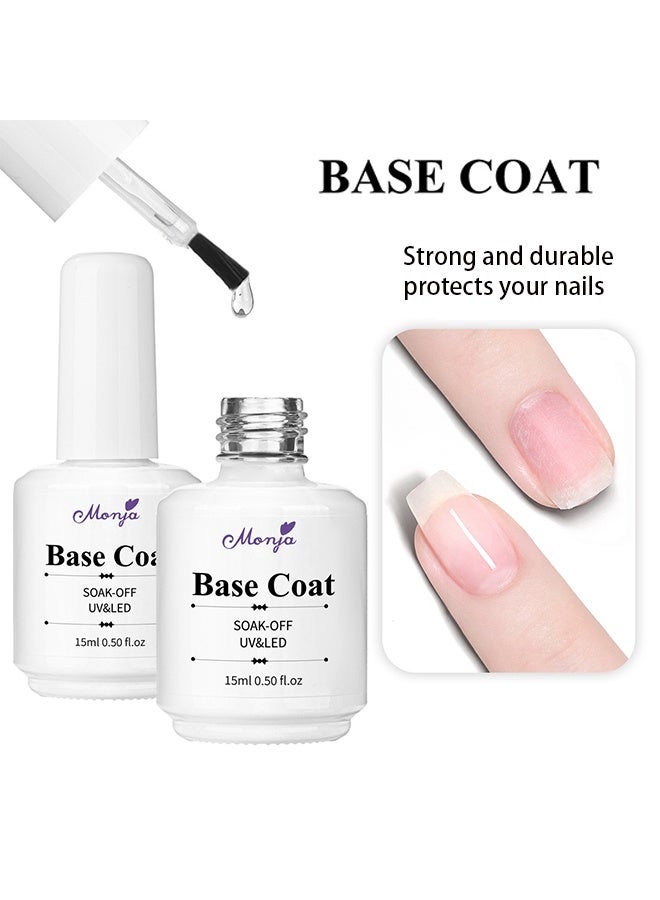 مونچا مجموعة طلاء أساسي وطبقة علوية، طلاء جل UV مع ليد، لمعة نهائية لامعة، طلاء جل طويل الأمد، مجموعة البداية لفن الأظافر، للعناية بالأظافر في الصالون أو استخدام DIY في المنزل، 15 مل+15 مل - Image 2