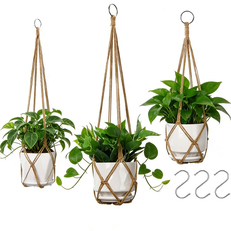 YIBOT 3 Pack Macrame Plant Hanger Indoor Hanging Planter Basket with 3 Hooks, 35"/29"/23" Crochet Plant Holder Stand No Tassels for Indoor Outdoor Boho Home Decor, Brown (POTS NOT Included) - Image 1