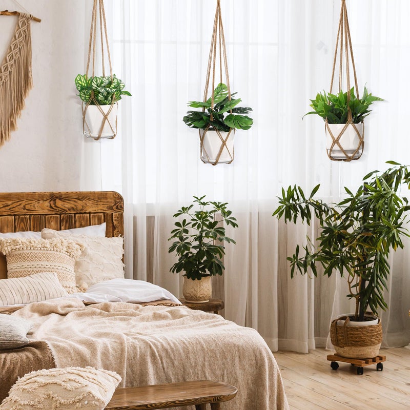 YIBOT 3 Pack Macrame Plant Hanger Indoor Hanging Planter Basket with 3 Hooks, 35"/29"/23" Crochet Plant Holder Stand No Tassels for Indoor Outdoor Boho Home Decor, Brown (POTS NOT Included) - Image 4