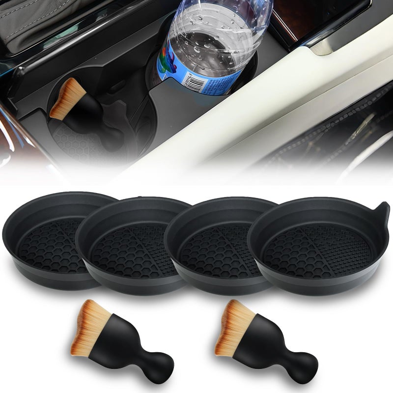 EKUWU Car Cup Coasters Silicone Cup Holder Insert 4 Pack with Auto Detail Brush 2 Pack NonSlip Raised Edge Spill Guard Car Interior Accessories Universal for SUV Sedan Truck Black - Image 3