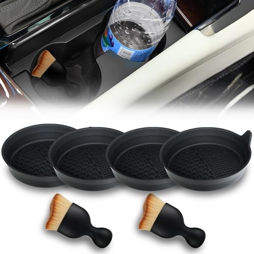 EKUWU Car Cup Coasters Silicone Cup Holder Insert 4 Pack with Auto Detail Brush 2 Pack NonSlip Raised Edge Spill Guard Car Interior Accessories Universal for SUV Sedan Truck Black - Image 1