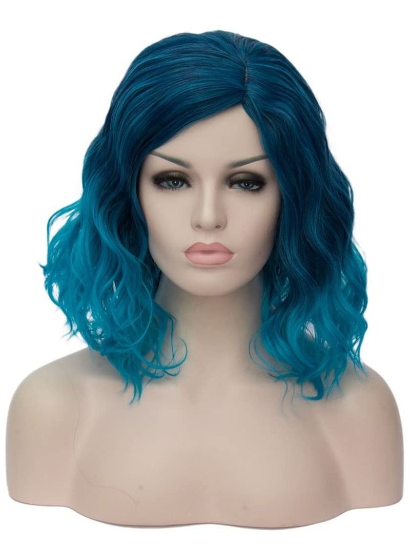 Estelle Short Bob Wavy Curly Wig White Ombre Wig For Women Heat Resistant Bob Party Wig Include Wig Cap Blue - Image 1
