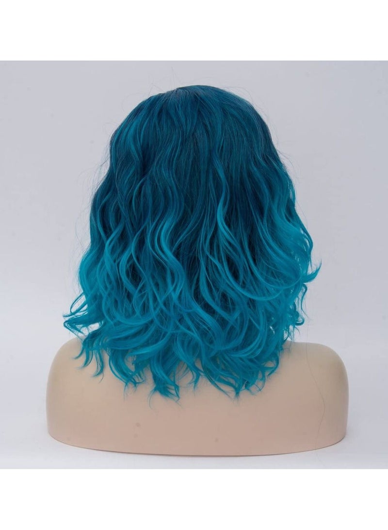 Estelle Short Bob Wavy Curly Wig White Ombre Wig For Women Heat Resistant Bob Party Wig Include Wig Cap Blue - Image 4