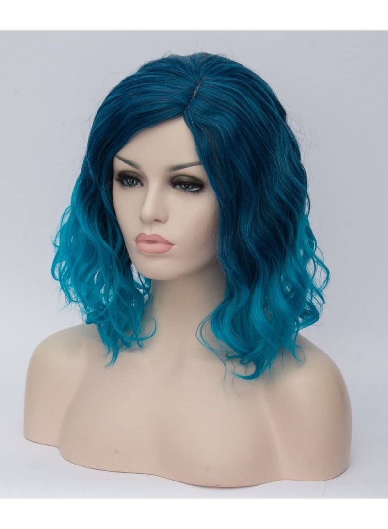 Estelle Short Bob Wavy Curly Wig White Ombre Wig For Women Heat Resistant Bob Party Wig Include Wig Cap Blue - Image 3