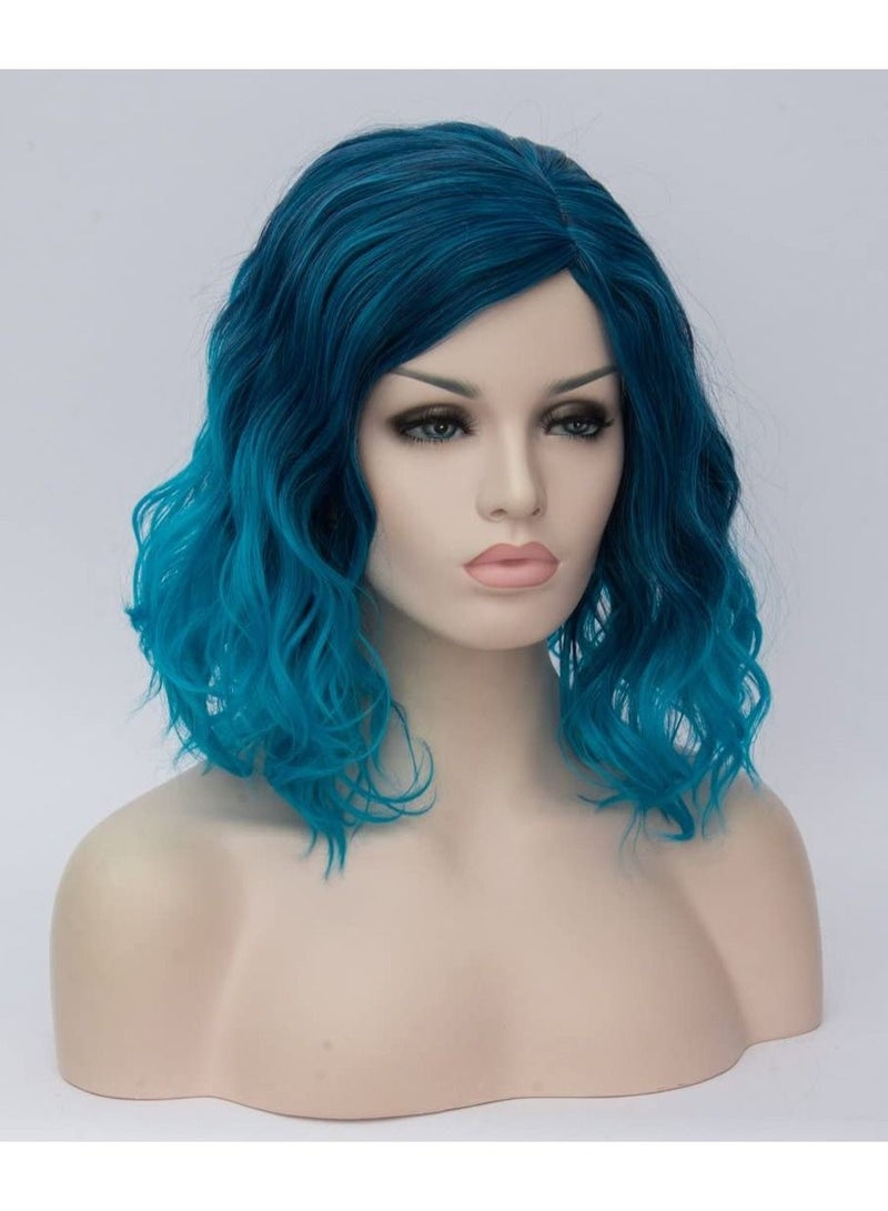 Estelle Short Bob Wavy Curly Wig White Ombre Wig For Women Heat Resistant Bob Party Wig Include Wig Cap Blue - Image 2