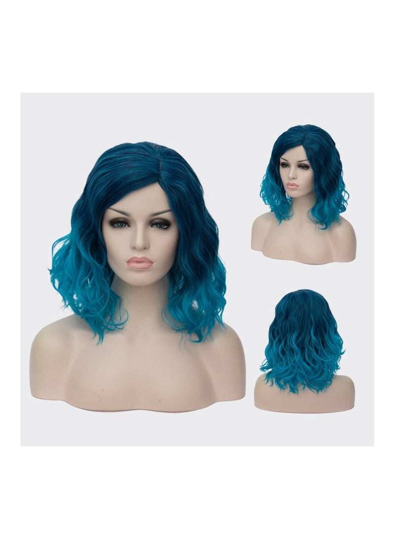 Estelle Short Bob Wavy Curly Wig White Ombre Wig For Women Heat Resistant Bob Party Wig Include Wig Cap Blue - Image 5