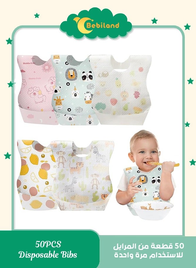 Bebiland 50 Pack Disposable Bibs, Adjustable Baby Bibs Travel Pack for Newborn Infant Baby Toddlers (Multicolour) - Image 1