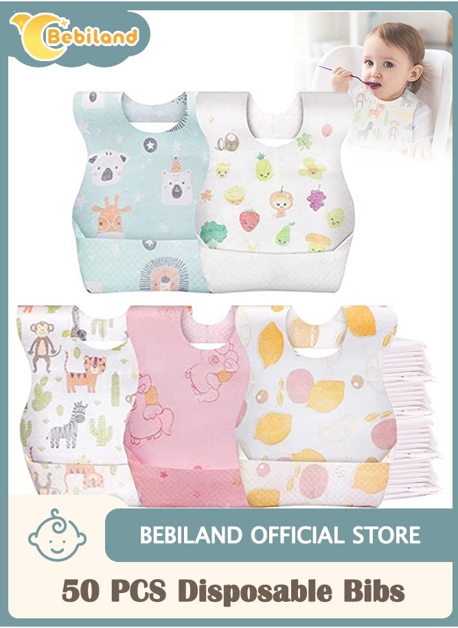 Bebiland 50 Pack Disposable Bibs, Adjustable Baby Bibs Travel Pack for Newborn Infant Baby Toddlers (Multicolour)  - Image 1