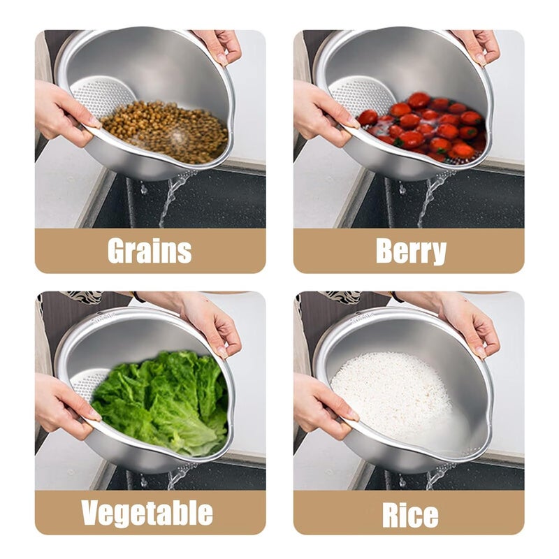 DOPMEP Rice Washing Bowl with Side Drainer Strainer Small Quinoa Washer Bowl Stainless Steel Colander for Cleaning Fruits Vegetables and Beans Versatile Kitchen Tool - Image 3
