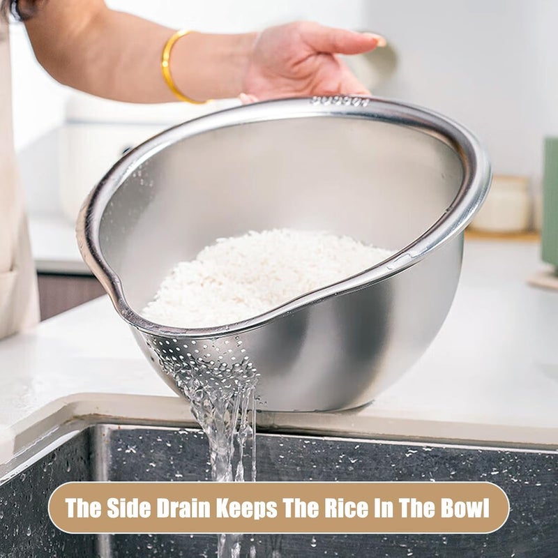 DOPMEP Rice Washing Bowl with Side Drainer Strainer Small Quinoa Washer Bowl Stainless Steel Colander for Cleaning Fruits Vegetables and Beans Versatile Kitchen Tool - Image 2