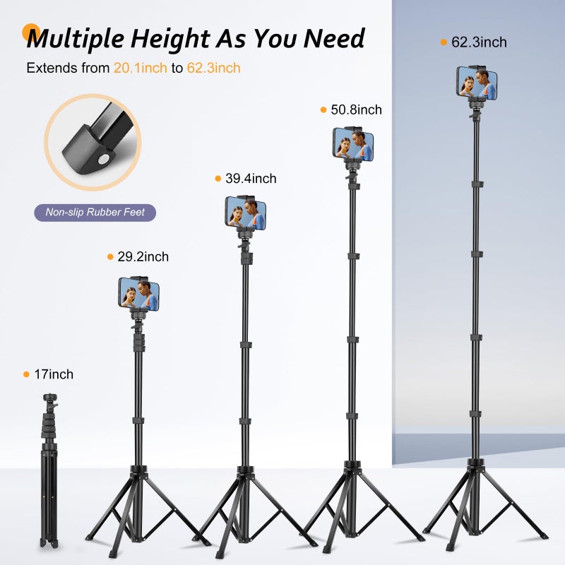 Aureday طقم ملحقات حامل ثلاثي القوائم للهاتف 62 بوصة من أوري داي، حامل كاميرا وهاتف محمول مع جهاز تحكم عن بعد لاسلكي ورأس حامل ثلاثي القوائم عالمي، مثالي لصور السيلفي/تسجيل الفيديو/الفلوغ/البث المباشر - Image 4