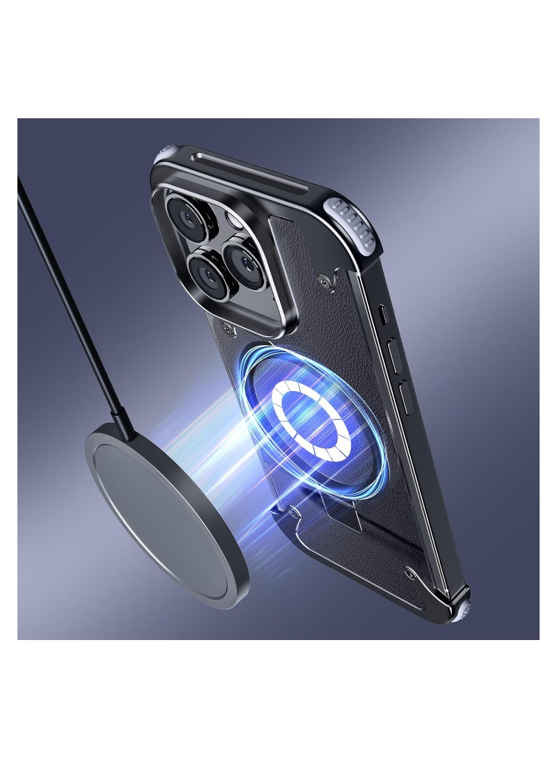 Excefore For iPhone 15 Promax Leather Case with Magsafe Kickstand, Bezel Less Metal Slim Hard Ultra Thin for iPhone 15 Pro Max Case with Ring Holder Magnetic Invisible Stand for Men, Black - Image 4