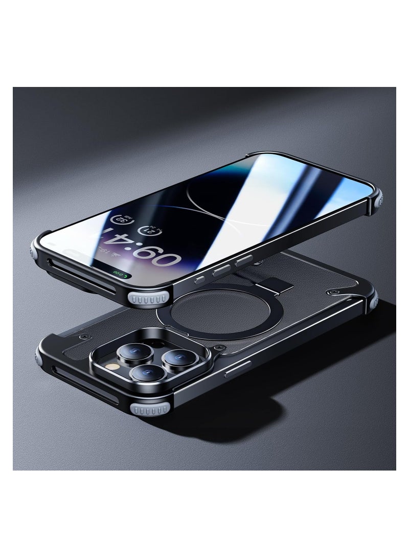 Excefore For iPhone 15 Promax Leather Case with Magsafe Kickstand, Bezel Less Metal Slim Hard Ultra Thin for iPhone 15 Pro Max Case with Ring Holder Magnetic Invisible Stand for Men, Black - Image 2