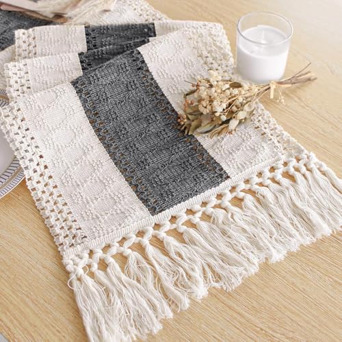 FEXIA Boho Table Runner for Summer Home Decor with Tassels 72 Inches Long Farmhouse Grey Rustic Burlap Table Runner Macrame Table Decoration for Kitchen Bedroom Living Room 12x72 Inches - Image 1