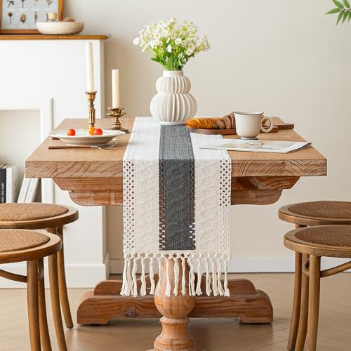 FEXIA Boho Table Runner for Summer Home Decor with Tassels 72 Inches Long Farmhouse Grey Rustic Burlap Table Runner Macrame Table Decoration for Kitchen Bedroom Living Room 12x72 Inches - Image 3