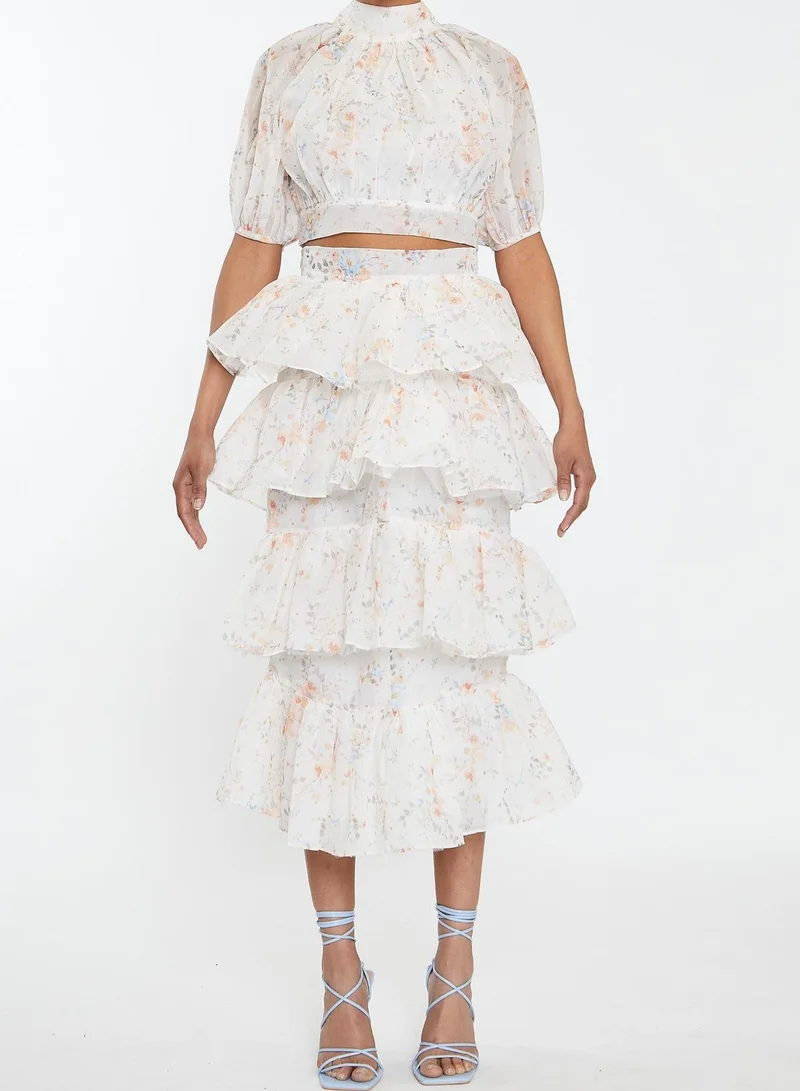 Harper Co-ord Cream Watercolour Organza Tiered Ruffle Midaxi Skirt