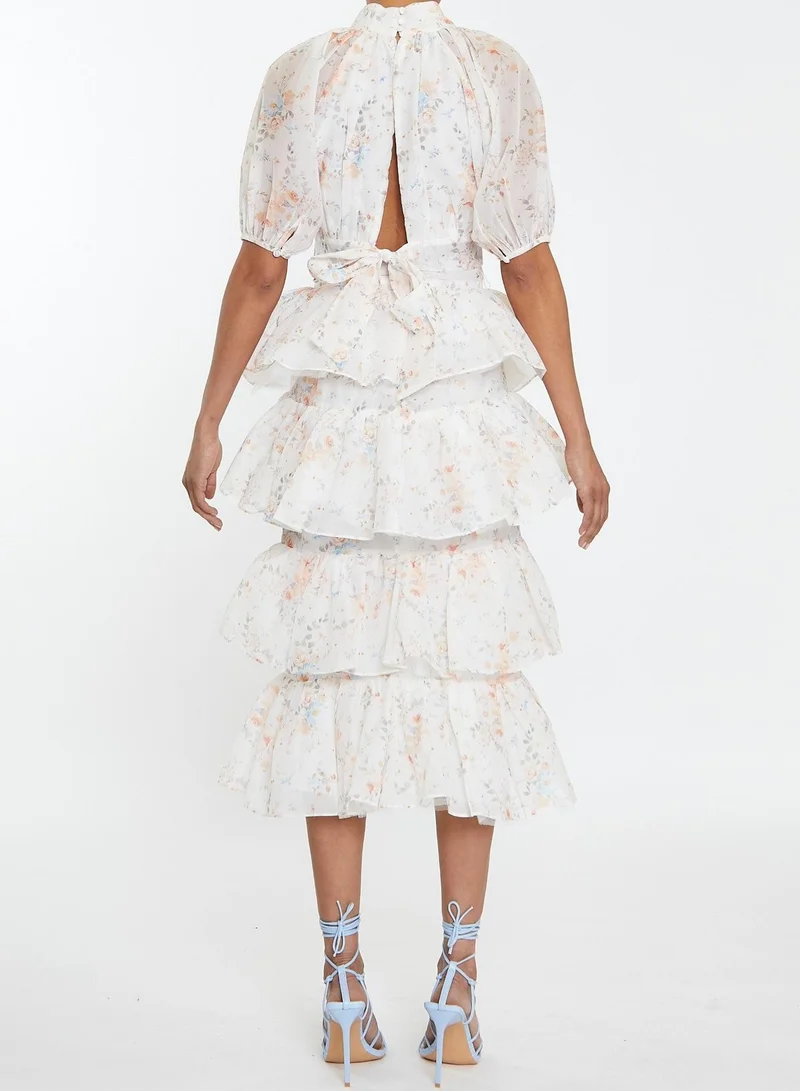 ترو ديكادينس Harper Co-ord Cream Watercolour Organza Tiered Ruffle Midaxi Skirt
