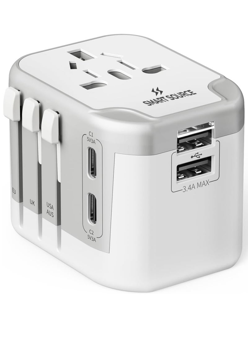 SMART SOURCE Universal Travel Adapter 5-In-1 | Worldwide Travel Plug With EU/UK/US/AUS Plugs, 2 USB-C + 2 USB Ports | International All-In-One Charger For 200+ Countries | Fast & Safe Multi-Port Travel Charger - Image 1