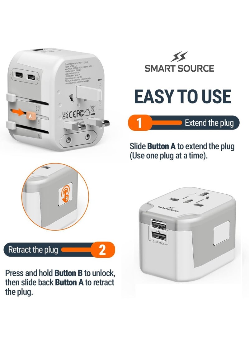 SMART SOURCE Universal Travel Adapter 5-In-1 | Worldwide Travel Plug With EU/UK/US/AUS Plugs, 2 USB-C + 2 USB Ports | International All-In-One Charger For 200+ Countries | Fast & Safe Multi-Port Travel Charger - Image 2