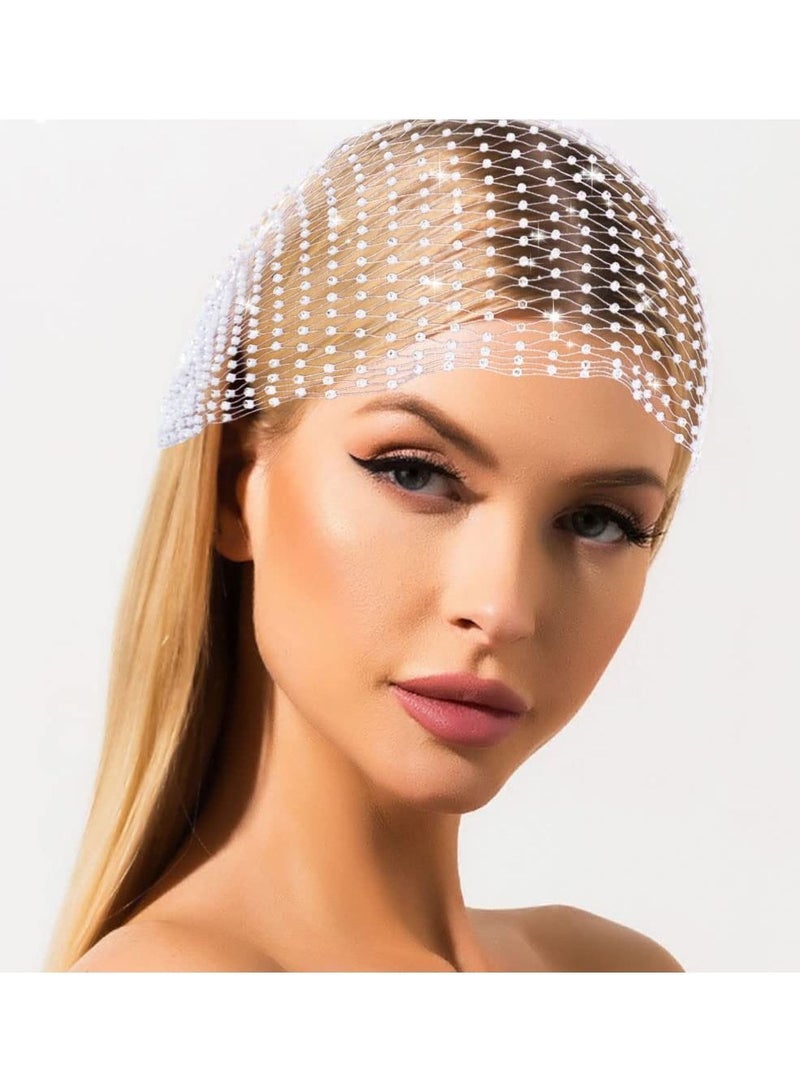 SYOSI SYOSI Mesh Rhinestone Headbands, Glitter Wide Hairbands Elastic Turban Kerchiefs, Crystal Nightclub Headscarfs Rave Party Head Wraps Sparkle Body Jewelry for Women and Girls (White) - Image 3