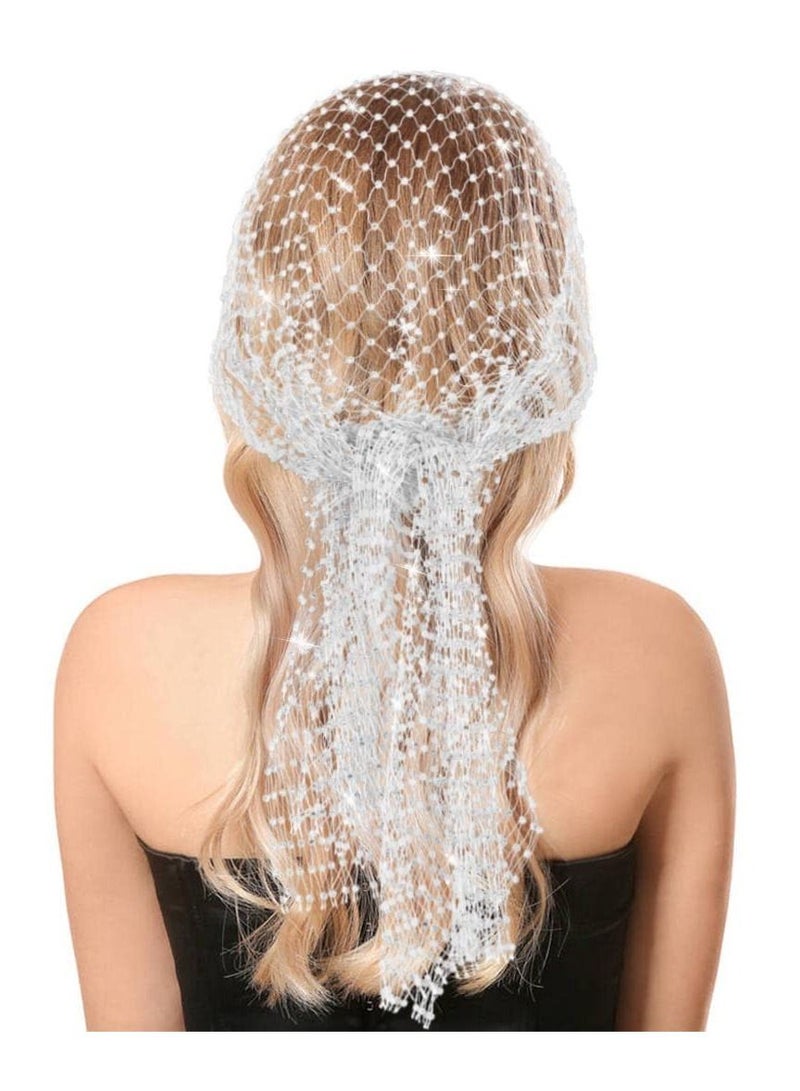 SYOSI SYOSI Mesh Rhinestone Headbands, Glitter Wide Hairbands Elastic Turban Kerchiefs, Crystal Nightclub Headscarfs Rave Party Head Wraps Sparkle Body Jewelry for Women and Girls (White) - Image 2