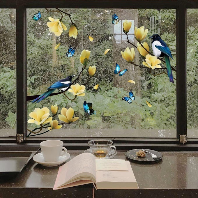 STATIC WINDOW CLINGS SPRING FLOWER BIRDS BUTTERFLY STICKERS REUSABLE DIY FLORAL TREE BRANCHES DECALS DOUBLE SIDED ANTICOLLISION NONADHESIVE FOR HOME OFFICE DECOR BLUE