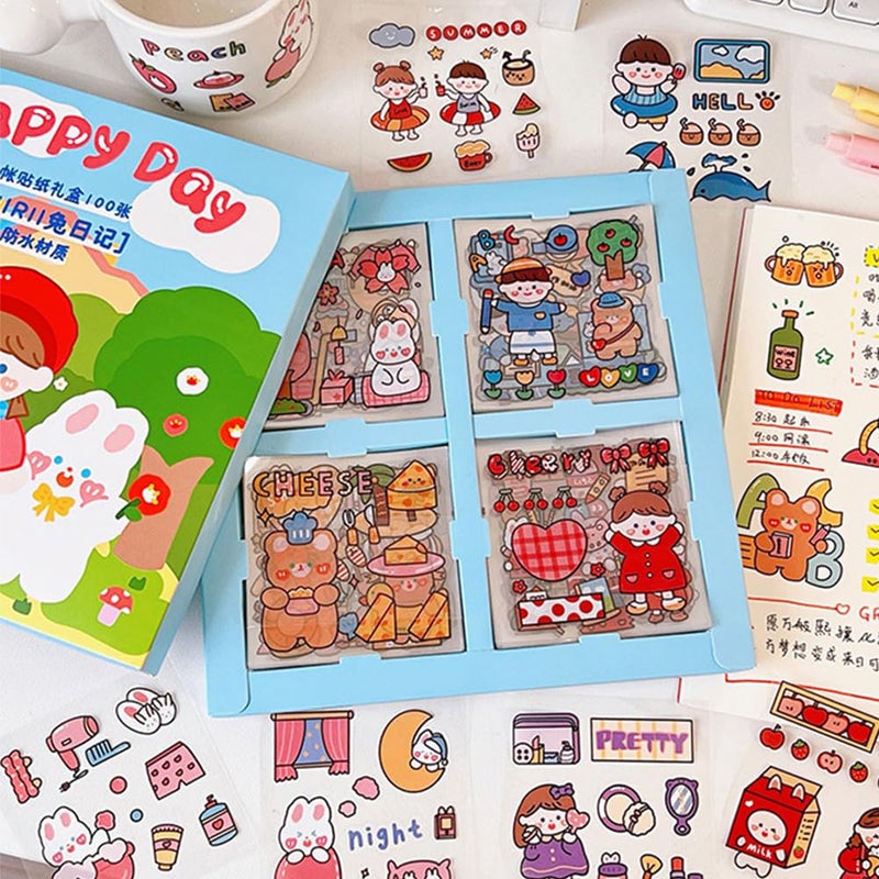 EAMOTOL Cute Cartoon Kawaii Scrapbook Stickers - 100 Sheets Transparent Sticker for Junk Journal Planner Album Calendars Notebook DIY Craft Decor - Image 1