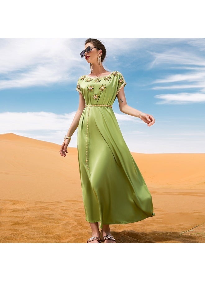 Madam Uniq Emerald Green Silk Satin Hand-Embroidered Short Sleeve Vintage Dress for Elegant Ladies  - Image 3